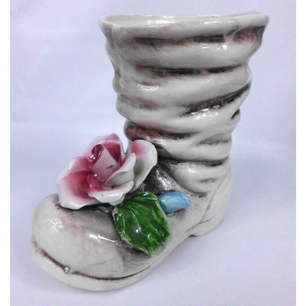 Vintage Capodimonte Ceramic Floral Shoe Boot Vase Planter Figurine Italy 5.5 In